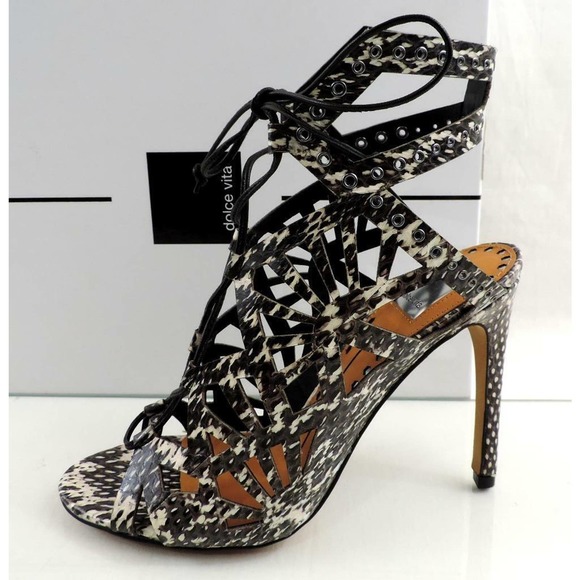 Dolce Vita Helena Lace Up Cutout Heel Sandal Black /White Snake Leather Size 7.5 - Picture 2 of 8